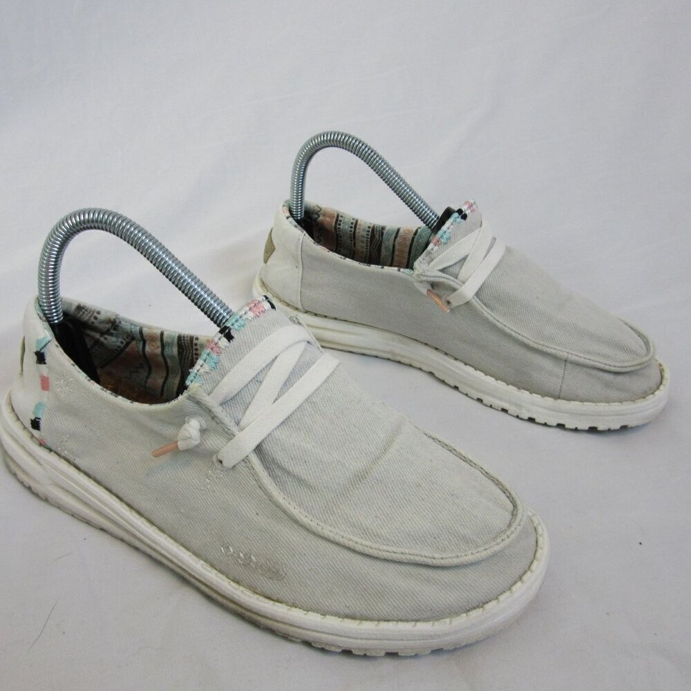Hey Dude Loafers Wendy Boho Light Denim Slip On White Cream Casual Women's 8